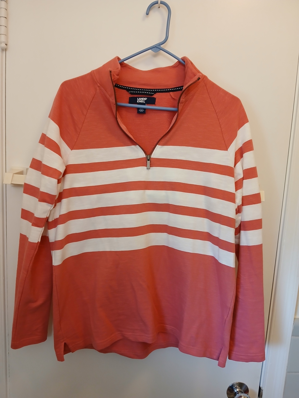 Lands' End Women'sCoral and White Striped Half-Zip Pullover
